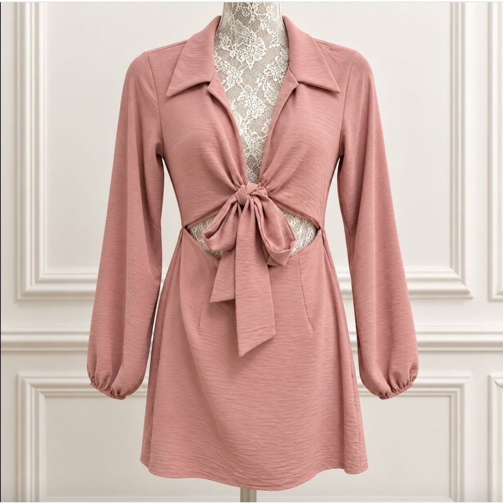 Blue Blush Pink Cutout Mini Dress S Tie Front Collared Long Sleeve NWT Y2K